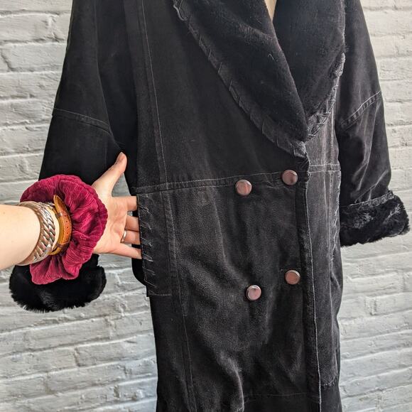 Vintage Black Suede Leather Trench Coat Fur Trim Leather Winter Jacket Large - Picture 6 of 11